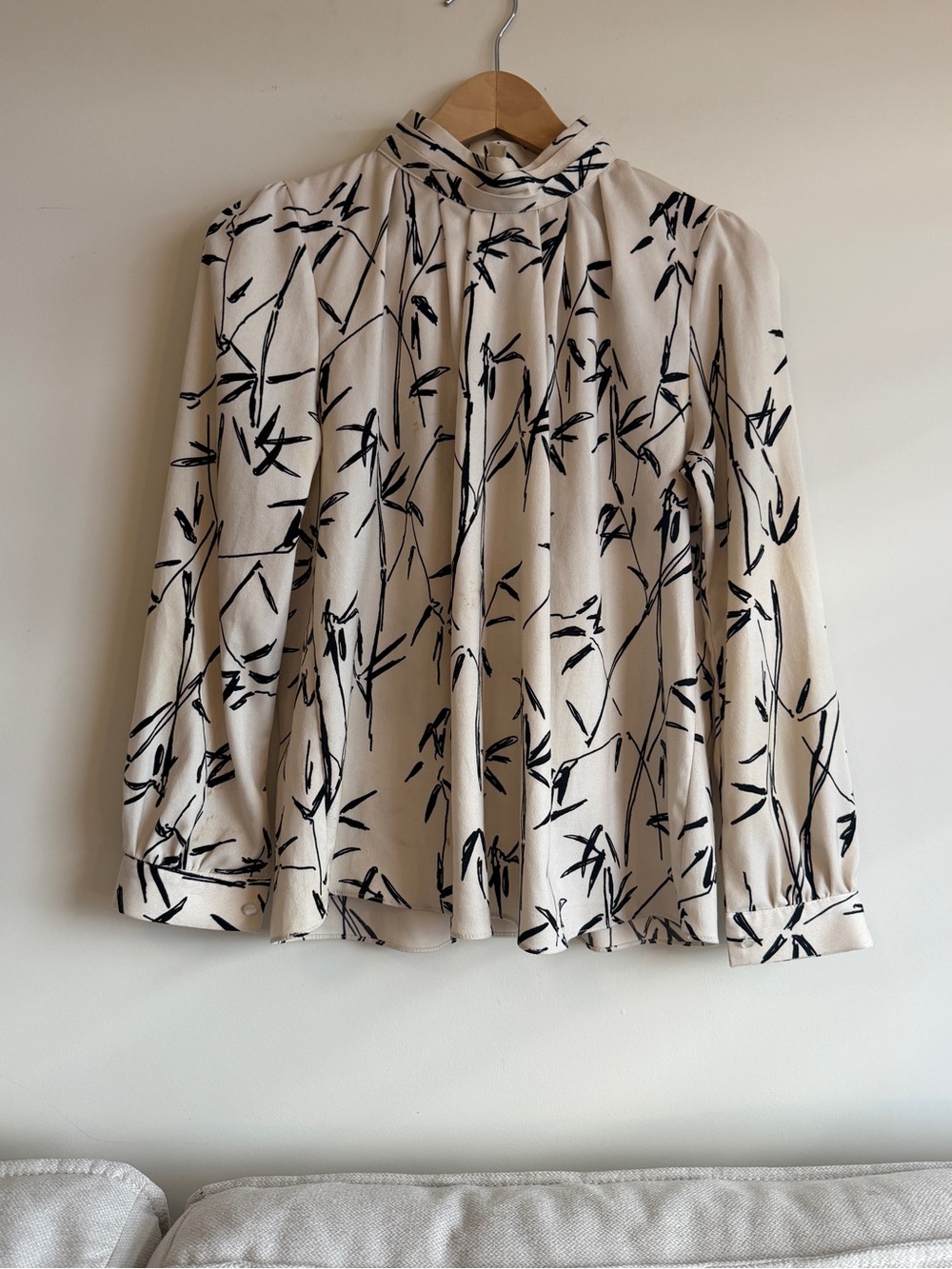 High-Neck Cream Blouse with Black Botanical Print